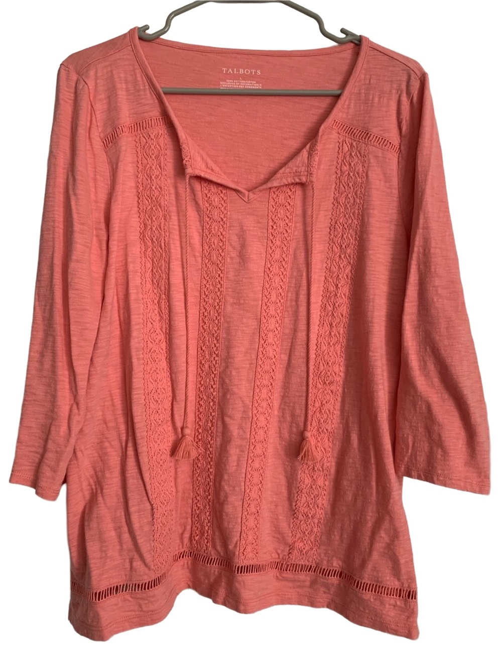 TALBOTS Women’s Peach 3/4 Sleeve Embroidered Lace Cotton Slub Long Sleeve Blouse